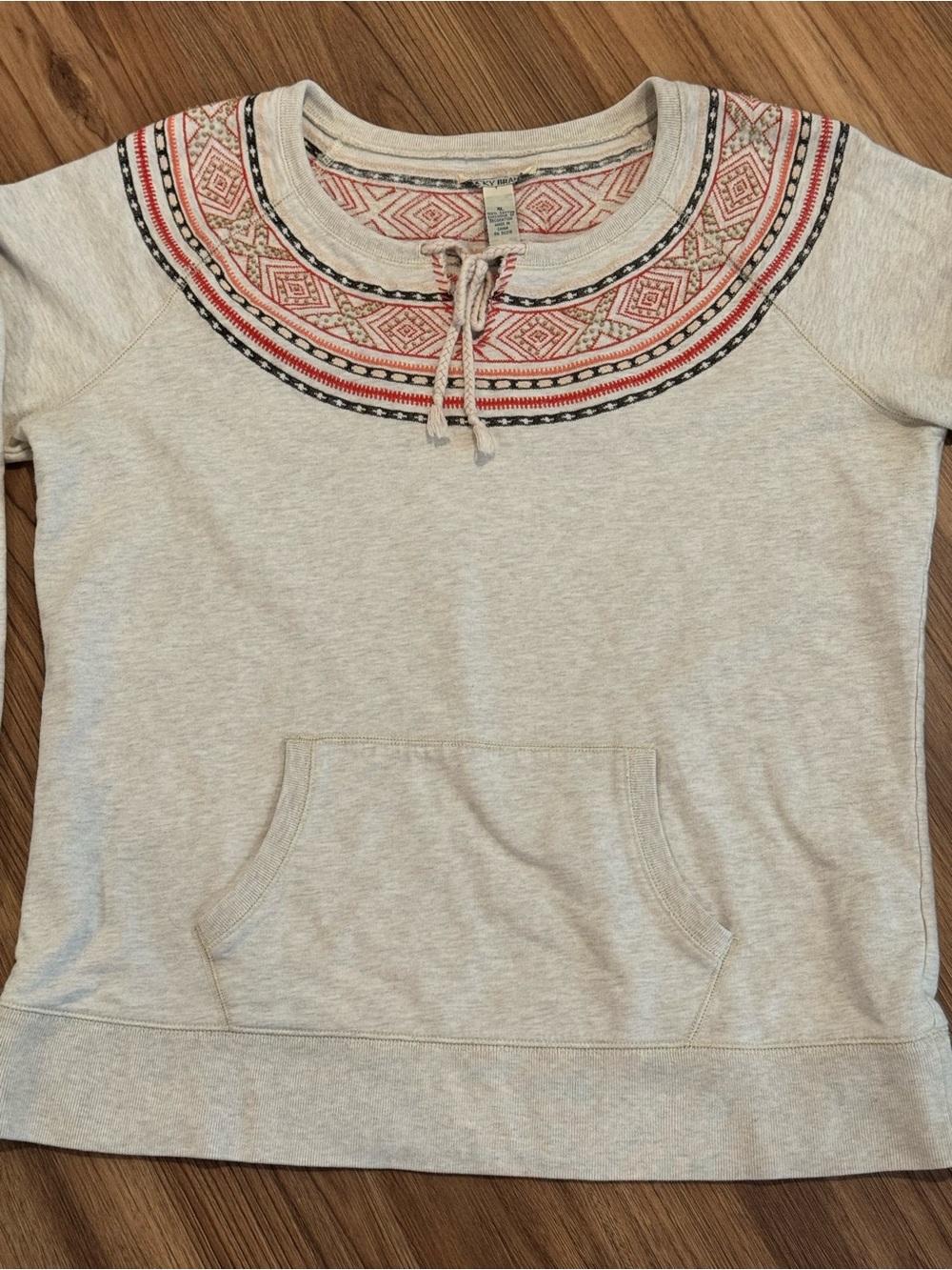 Lucky Brand Cream Sweatshirt Boho Southwest Tribal Aztec Folk Art Inspired Yoke - Picture 5 of 12
